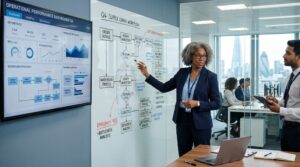 A fractional operations director reviewing business processes with a UK SME leadership team