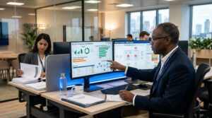 An IT auditor reviewing security infrastructure and compliance reports with a UK business team