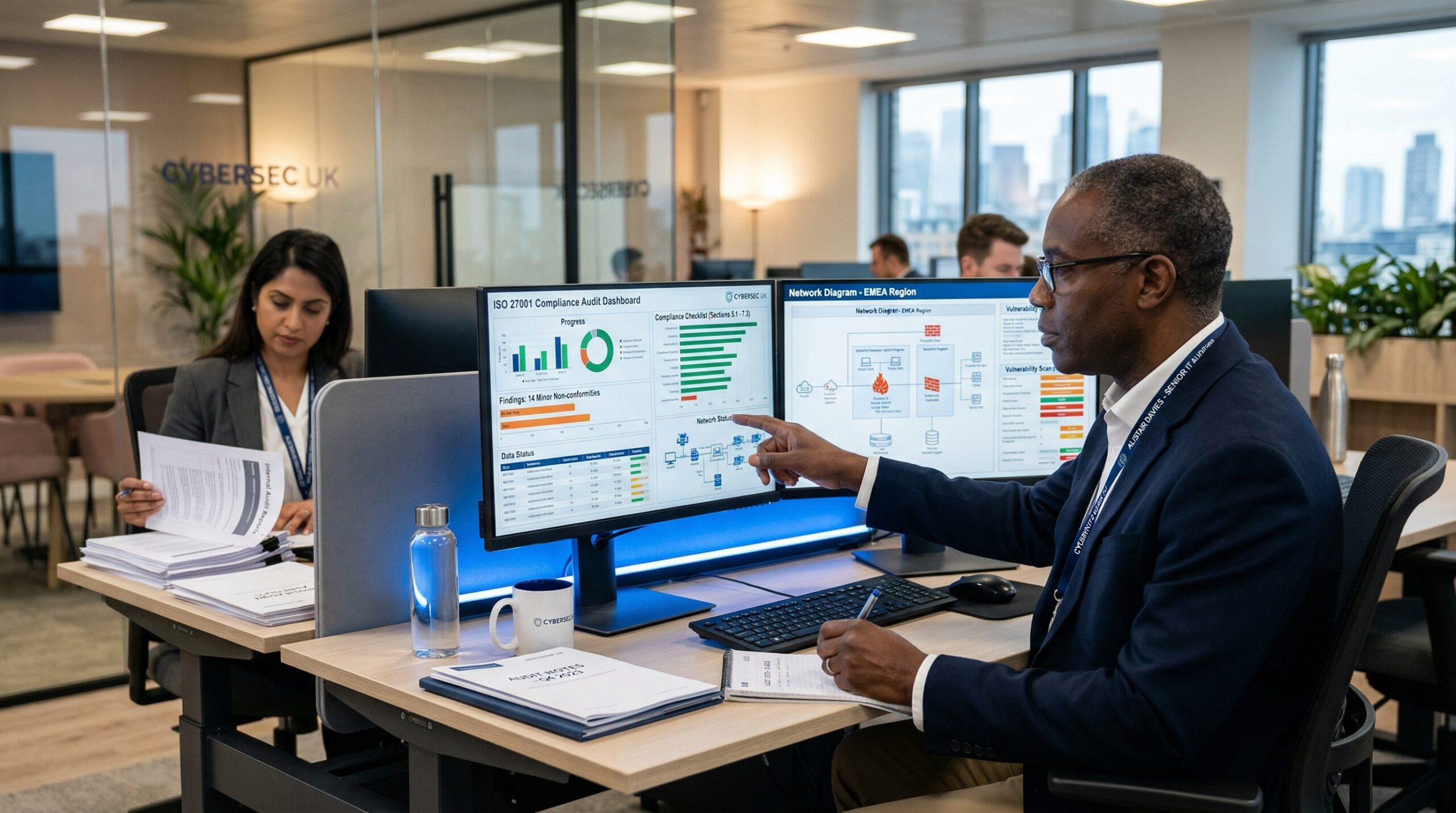 An IT auditor reviewing security infrastructure and compliance reports with a UK business team