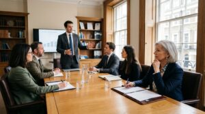Experienced non-executive director listening in a UK SME boardroom meeting
