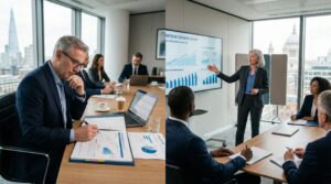 A part-time finance director reviewing management accounts alongside a fractional CFO presenting investor strategy in a UK boardroom