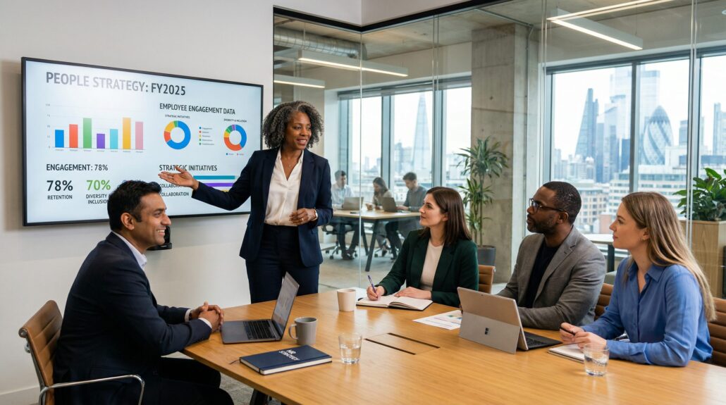 A part-time HR director leading a people strategy session with a UK SME leadership team