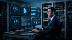 Part-time IT director reviewing cybersecurity dashboards in a UK business server room