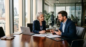 Fractional CFO reviewing financial strategy documents with a UK SME business owner