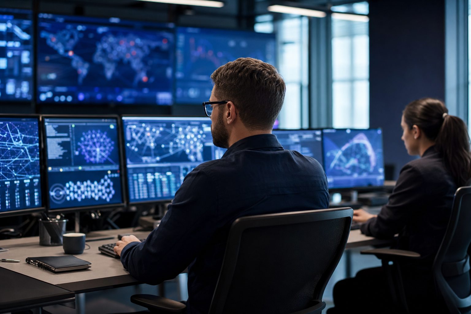 UK security operations centre analysts monitoring automated threat detection dashboards