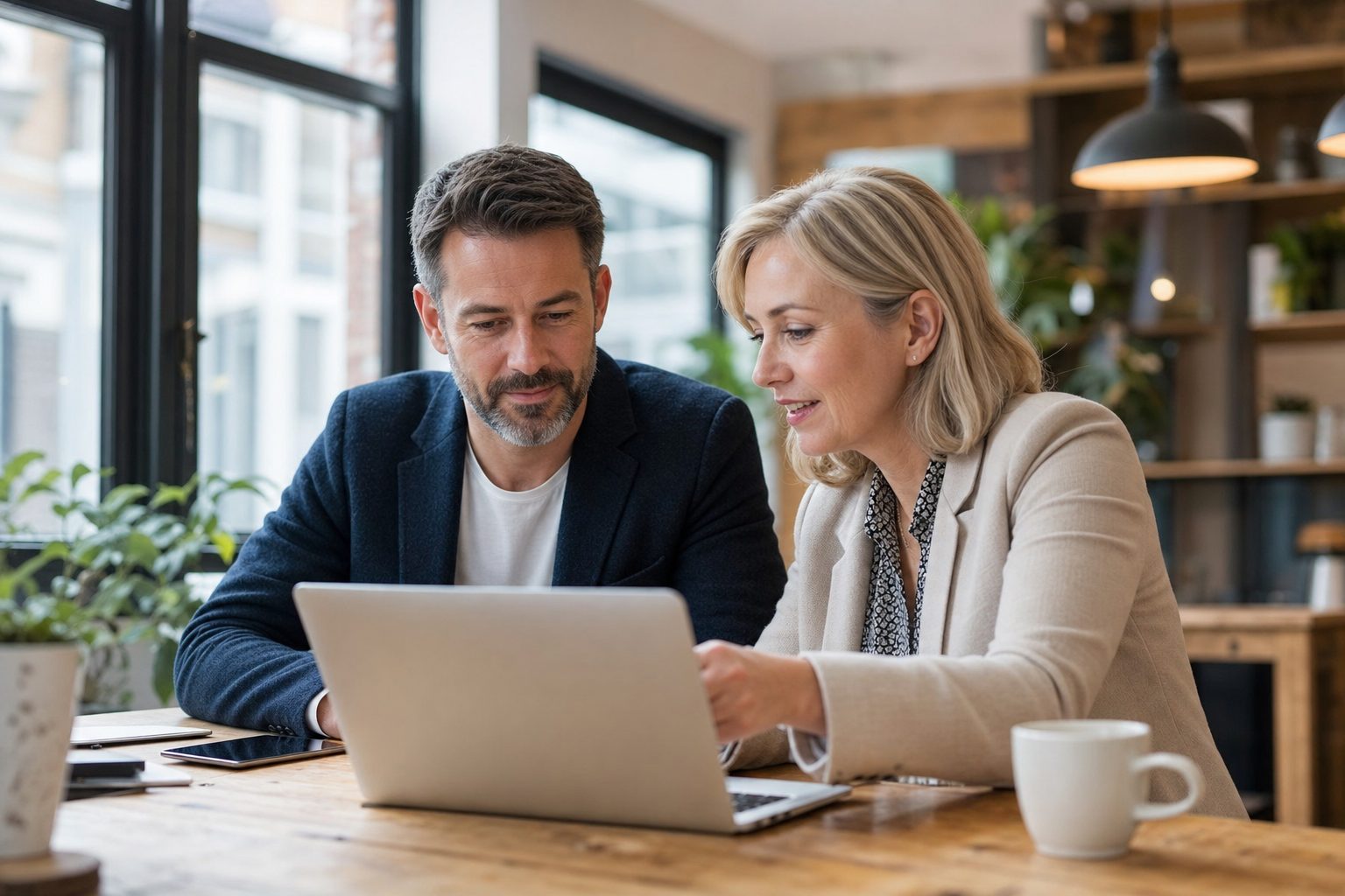 Small business founder and virtual CMO reviewing marketing strategy on a laptop