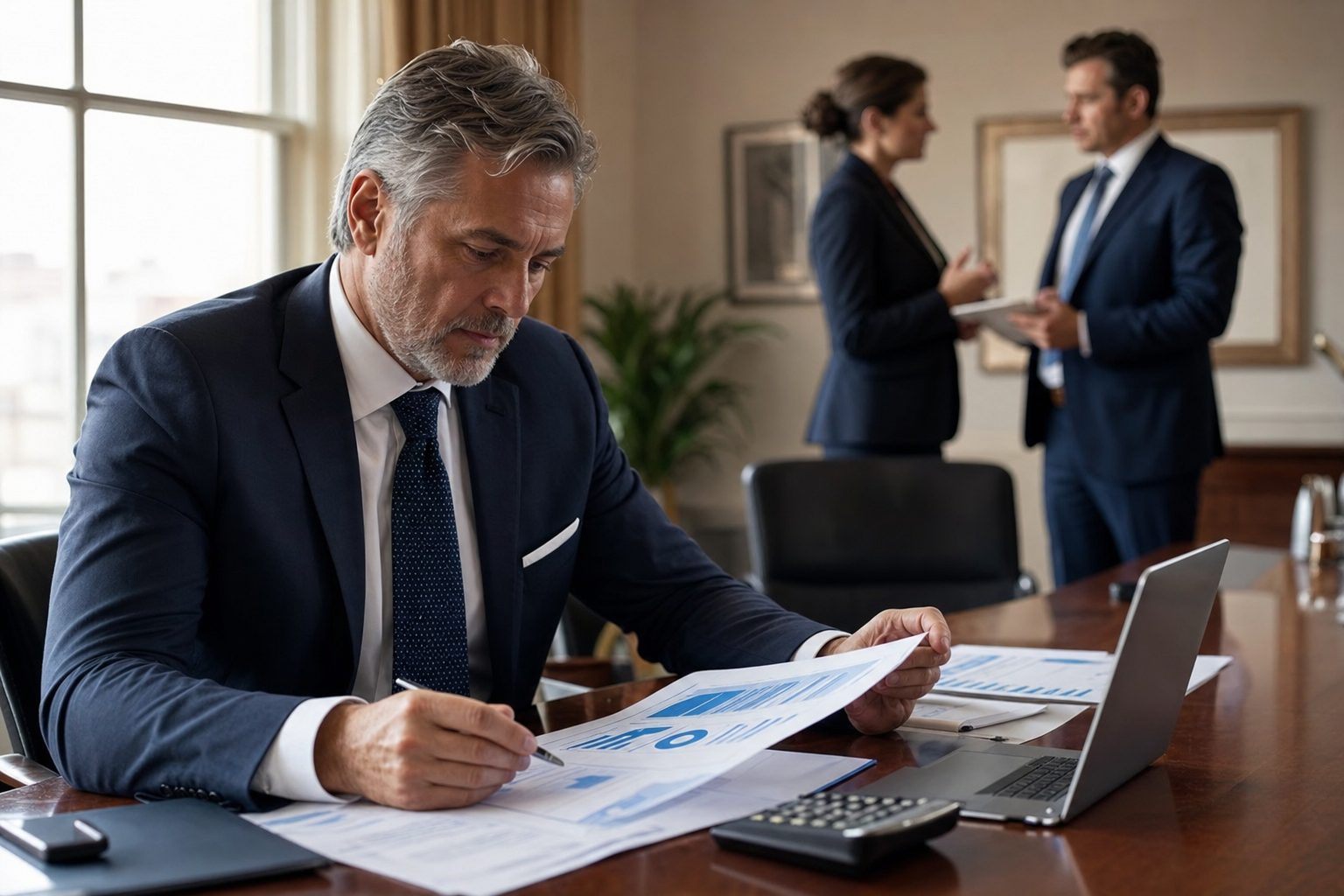 Senior UK finance director reviewing cash flow and balance sheet documents in a boardroom