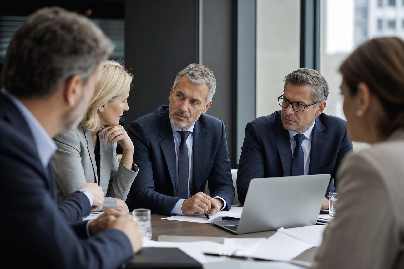UK company directors in serious boardroom discussion about governance and compliance