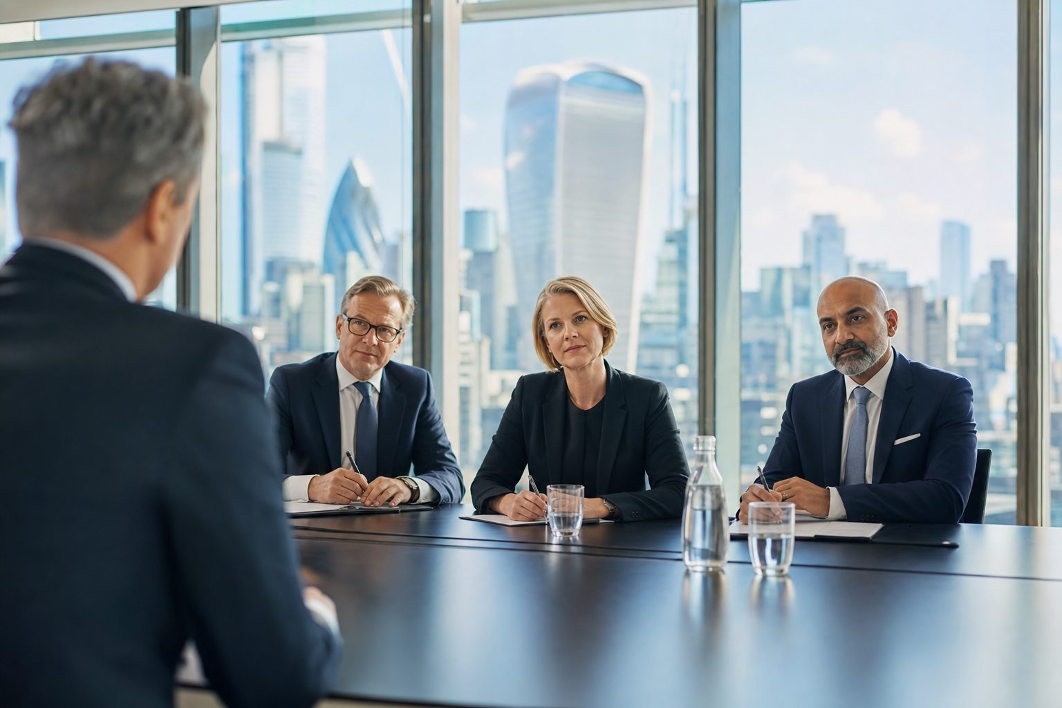 UK board interviewing a senior C-suite candidate in a London boardroom