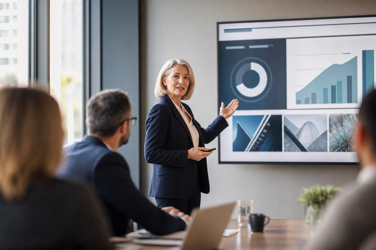 Senior fractional CMO presenting marketing strategy in UK boardroom