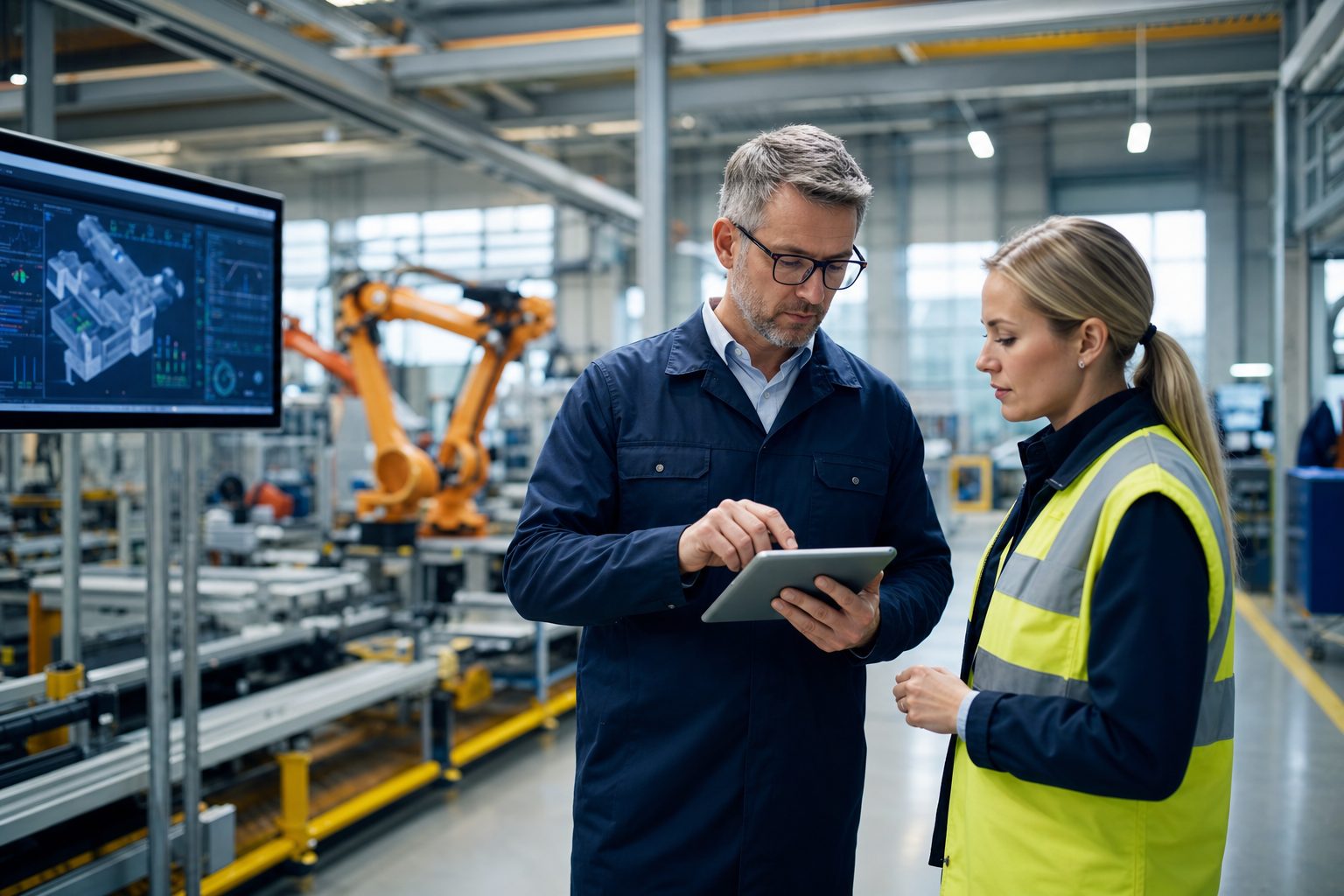 UK manufacturing engineer and worker reviewing automated production process on a tablet
