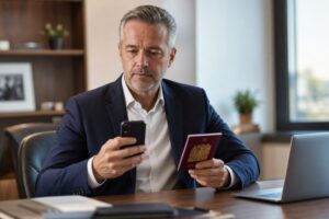 UK company director holding biometric passport and looking at smartphone to verify identity with Companies House
