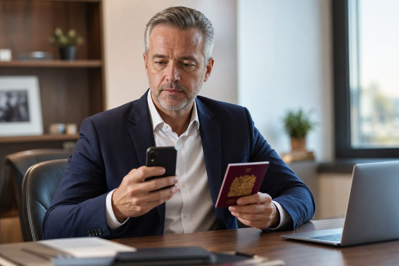 UK company director holding biometric passport and looking at smartphone to verify identity with Companies House