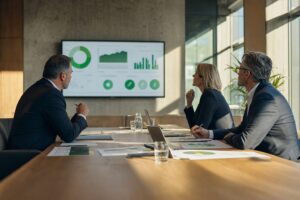 UK mid-market boardroom discussing ESG and sustainability reporting with charts on screen