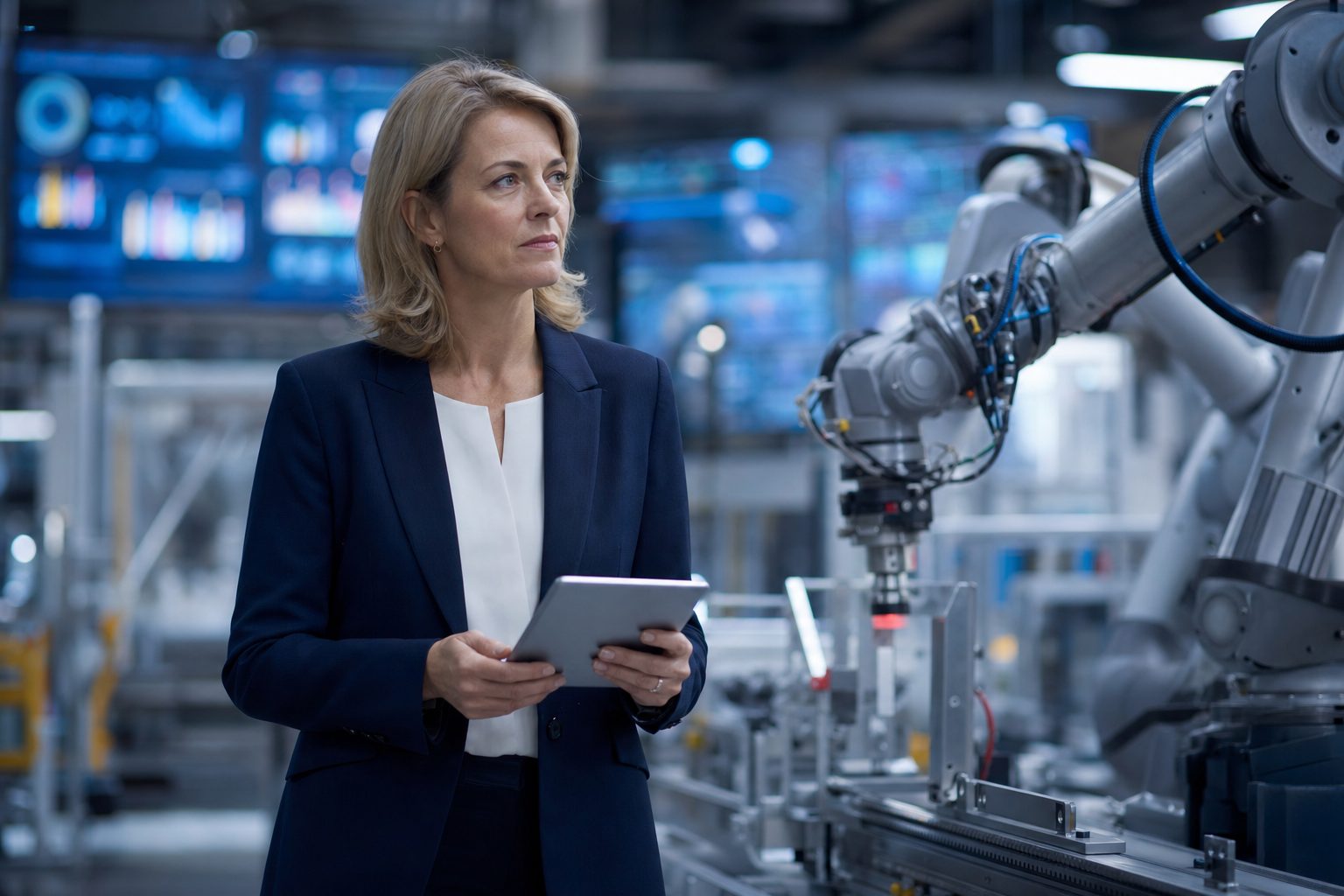 UK manufacturing operations director reviewing AI-powered factory line and data dashboards