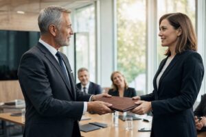 Senior UK business founder handing over leadership to a younger managing director in a boardroom