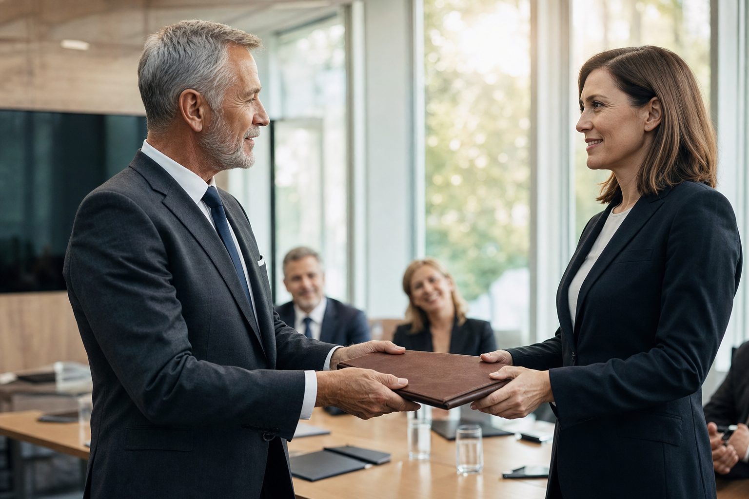 Senior UK business founder handing over leadership to a younger managing director in a boardroom