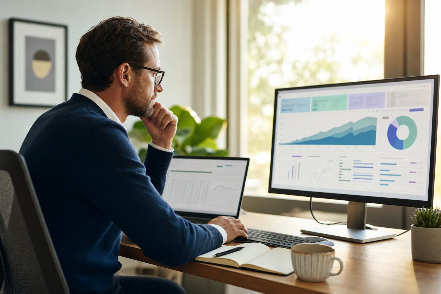 UK SaaS finance leader reviewing ARR growth and KPI dashboards on a monitor