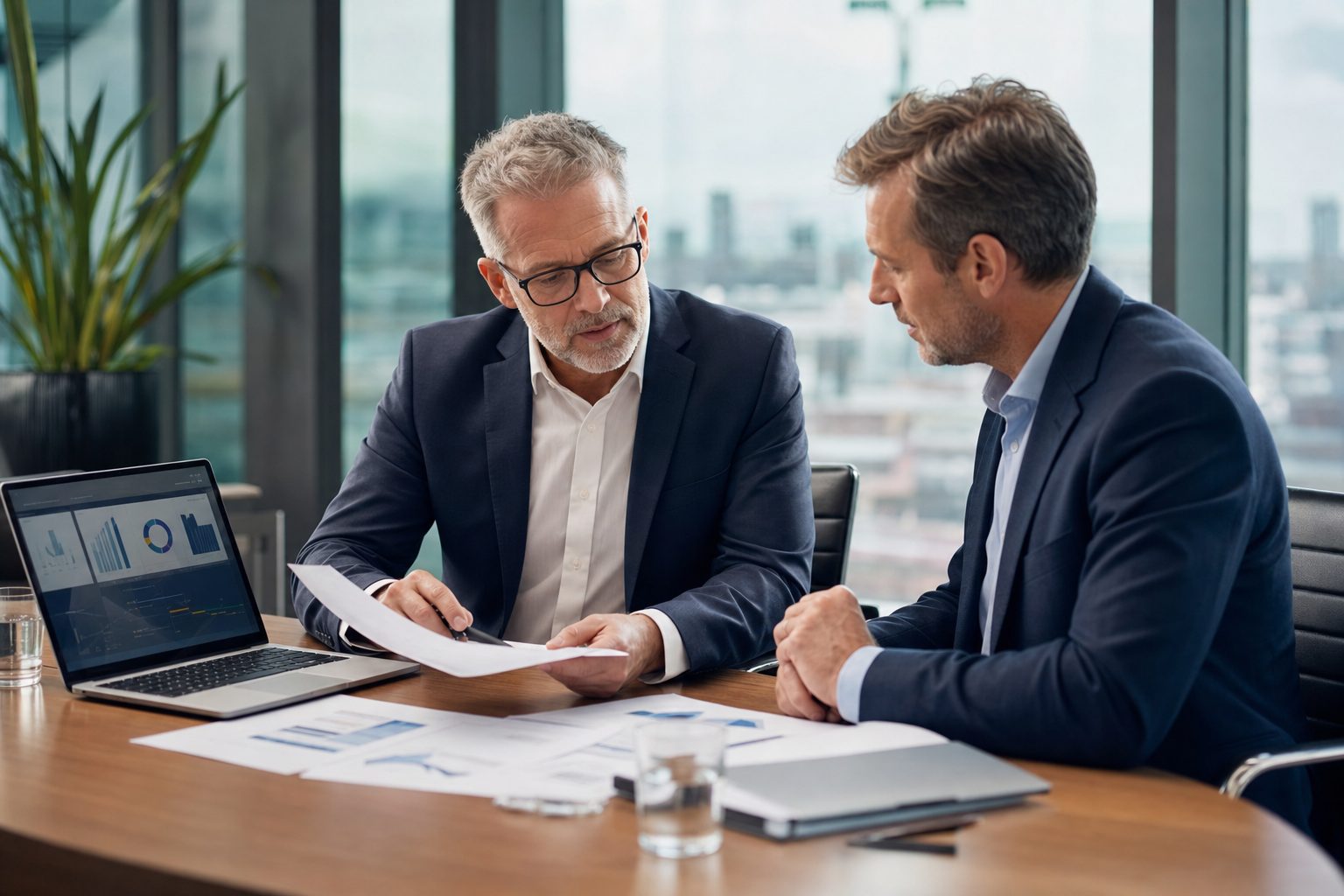 Fractional CIO Cost UK 2026 Pricing Guide UK fractional CIO presenting IT strategy budget and pricing breakdown to a mid-market CEO in a modern boardroom