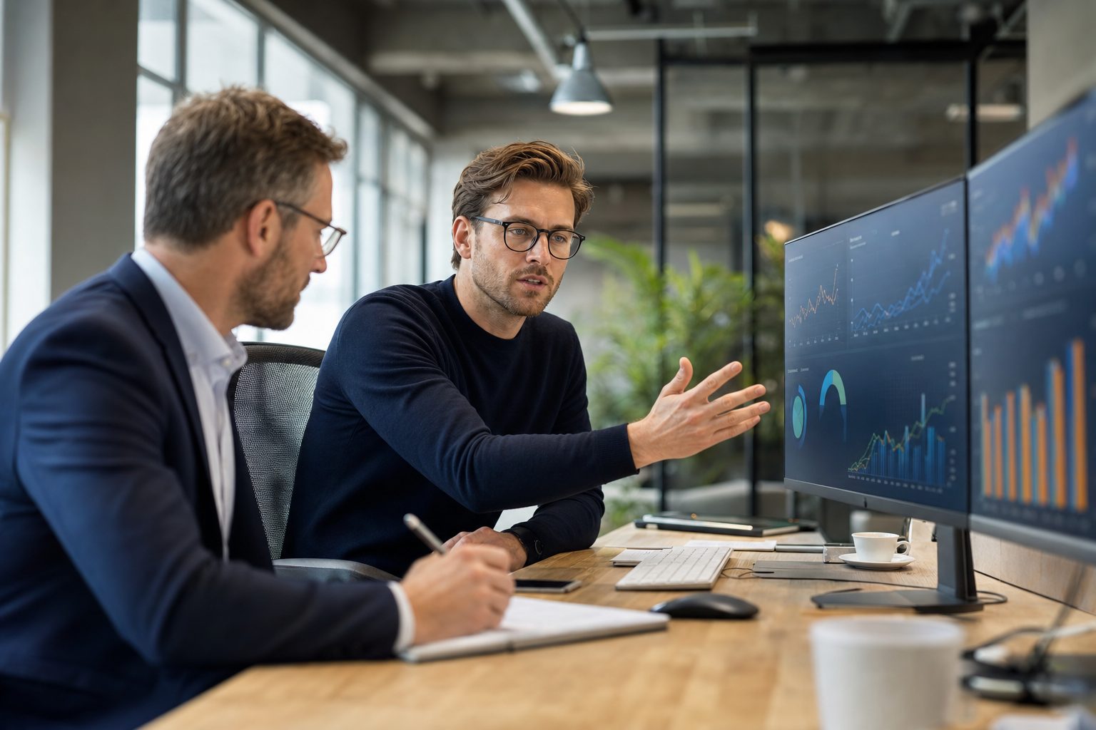 UK fractional director reviewing e-commerce growth dashboards with founder in a modern office for a £1m to £10m scaling discussion
