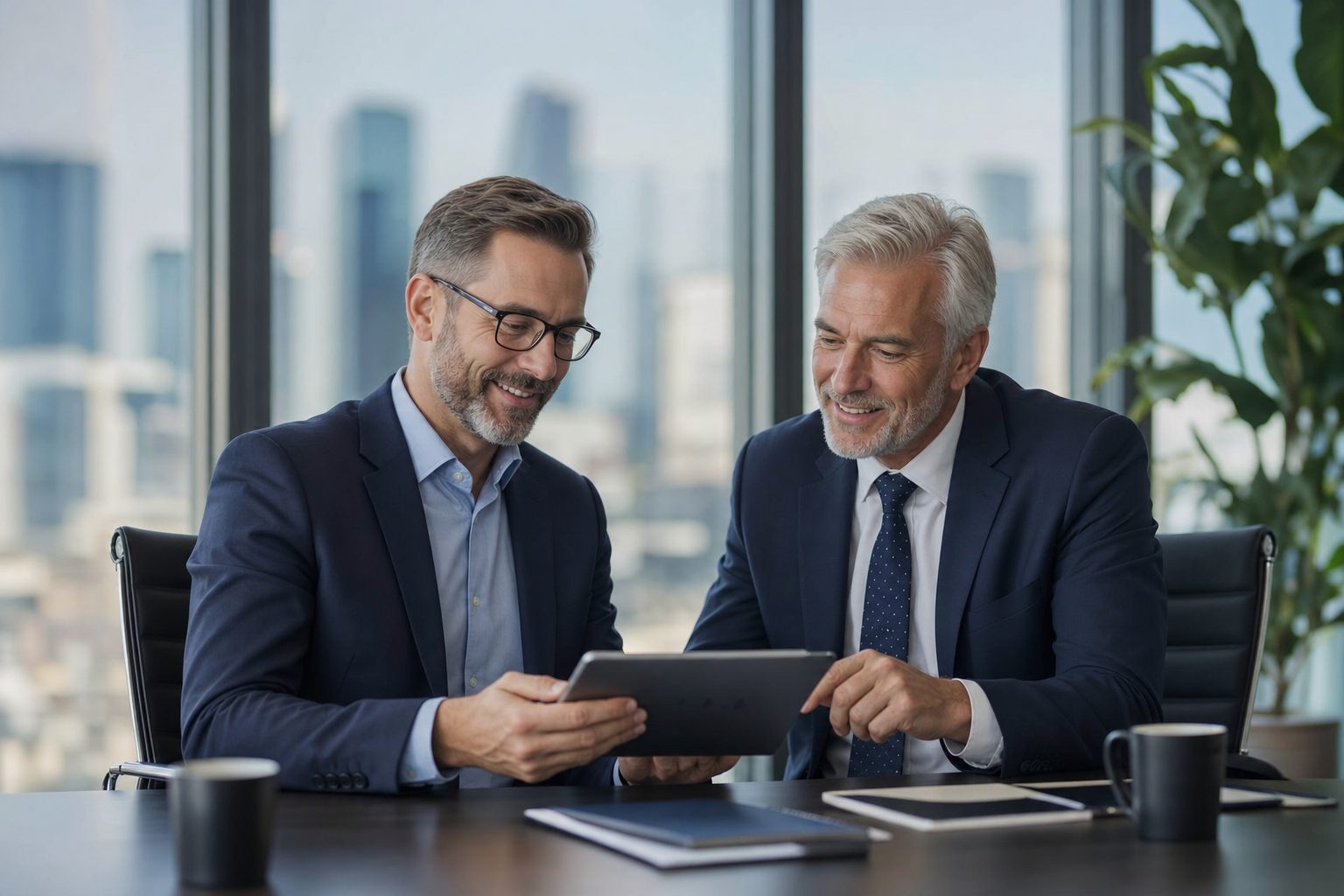 UK fractional director and SME CEO reviewing ROI growth chart on a tablet in a modern boardroom with city skyline behind them