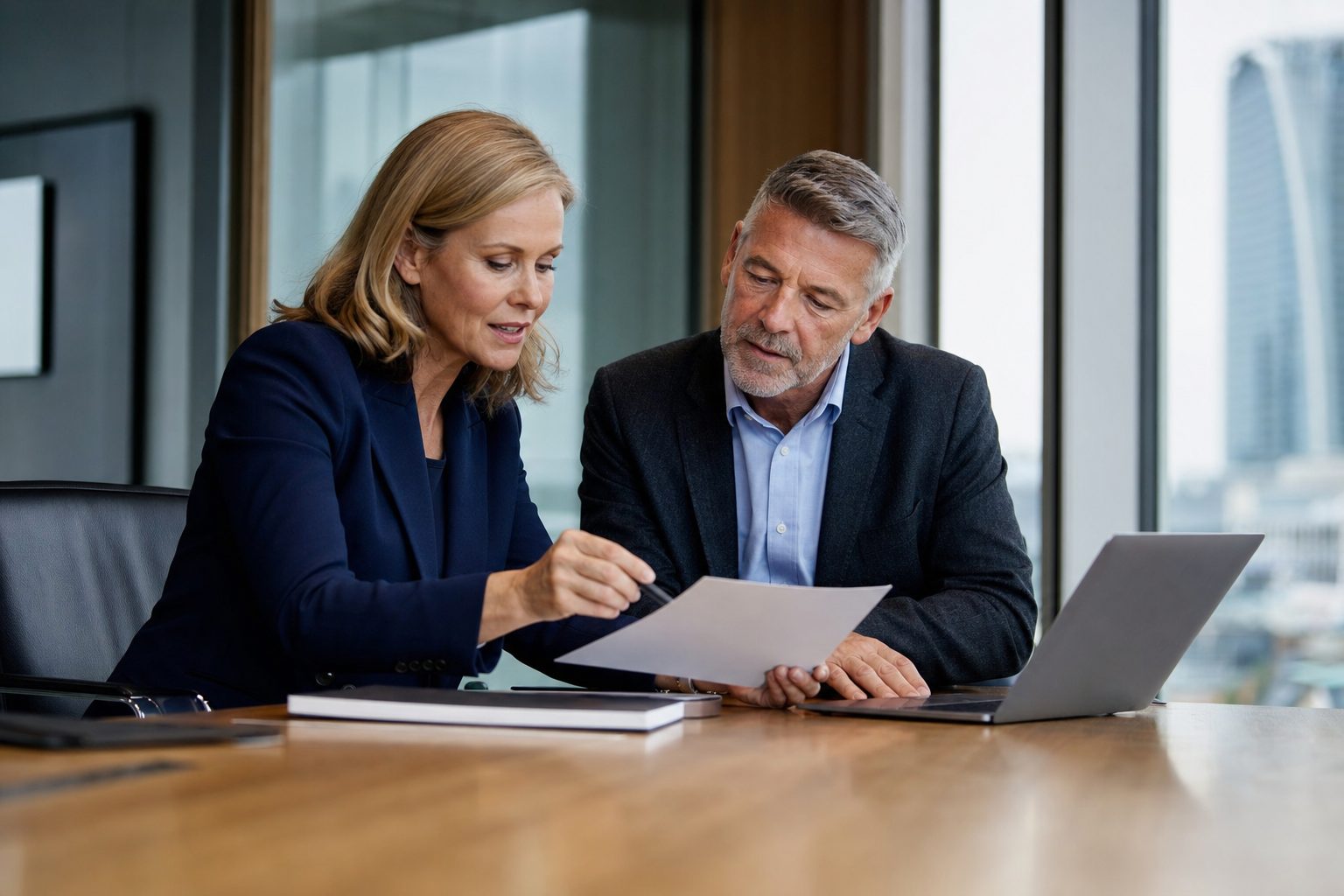 Two senior UK business leaders reviewing a strategy document in a modern boardroom