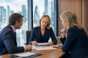 UK fractional finance director reviewing financial reports with professional services partners in a modern boardroom