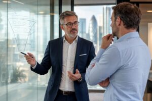UK fractional sales director sketching a pipeline funnel on a glass whiteboard with an SME CEO during a sales strategy review