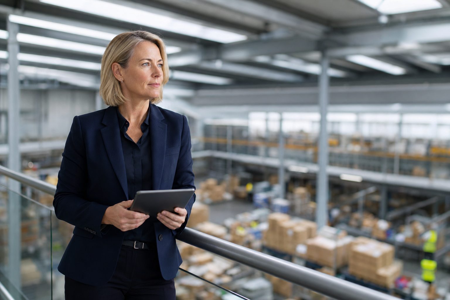 UK operations director on a warehouse mezzanine overseeing a modern distribution centre