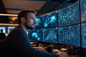 UK security operations centre analyst monitoring multiple screens with network topology and cybersecurity dashboards